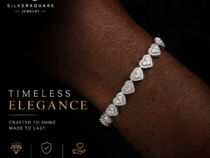 Heart Link Tennis Bracelet 8mm - Moissanite Iced Out, White Gold Plated 925 Sterling Silver, Three Stone, Hip Hop Style