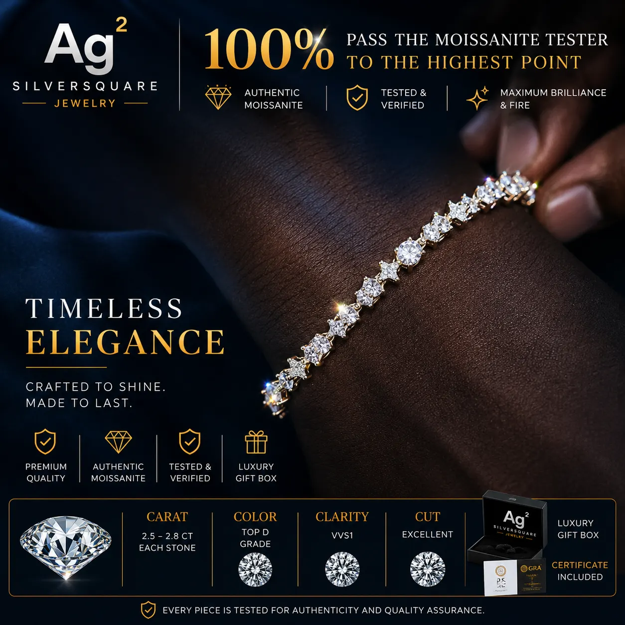 Star Tennis Bracelet 6mm/8mm - Moissanite Iced Out, Gold Plated 925 Sterling Silver, Hip Hop Jewelry for Men & Women - Image 2