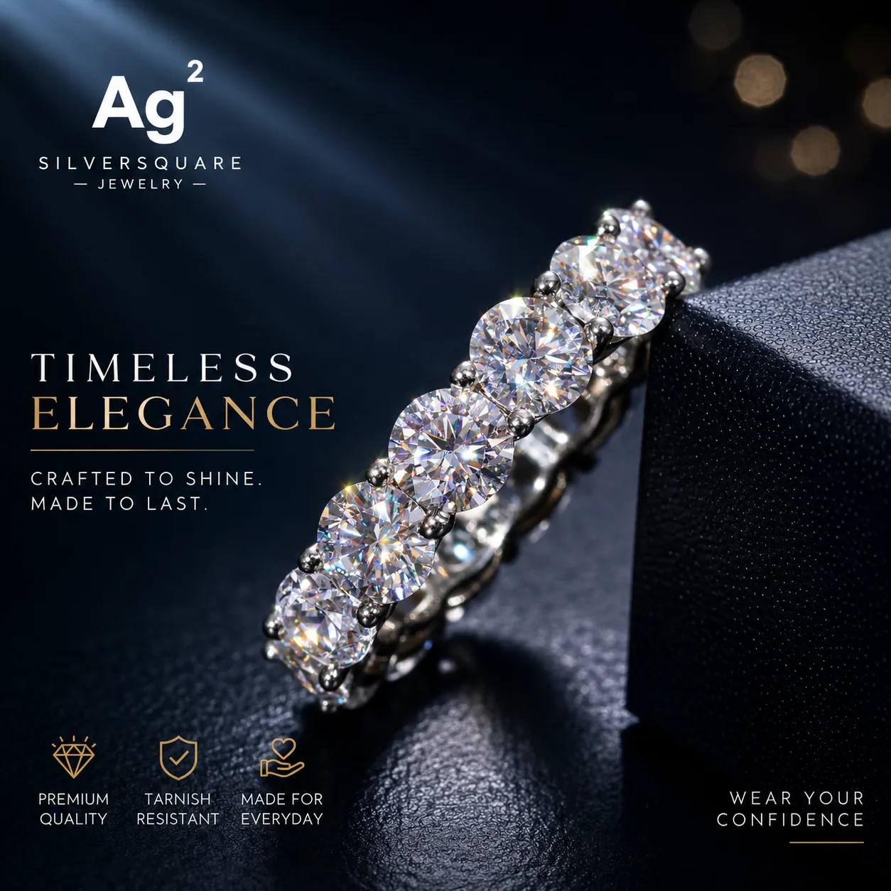 Tennis Eternity Engagement Ring - Moissanite Iced Out, White Gold Plated 925 Sterling Silver, Wedding Ring - Image 3