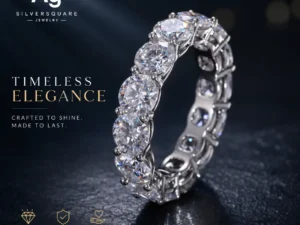 Tennis Eternity Engagement Ring - Moissanite Iced Out, White Gold Plated 925 Sterling Silver, Wedding Ring