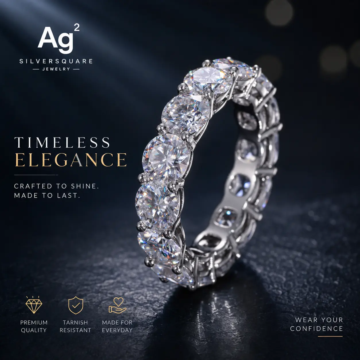 Tennis Eternity Engagement Ring - Moissanite Iced Out, White Gold Plated 925 Sterling Silver, Wedding Ring