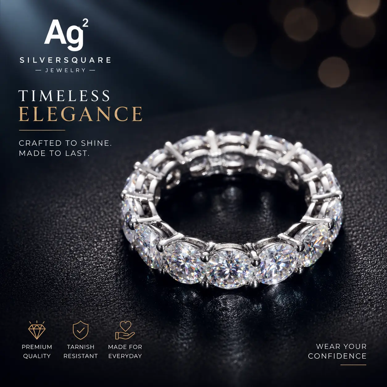 Tennis Eternity Engagement Ring - Moissanite Iced Out, White Gold Plated 925 Sterling Silver, Wedding Ring - Image 2